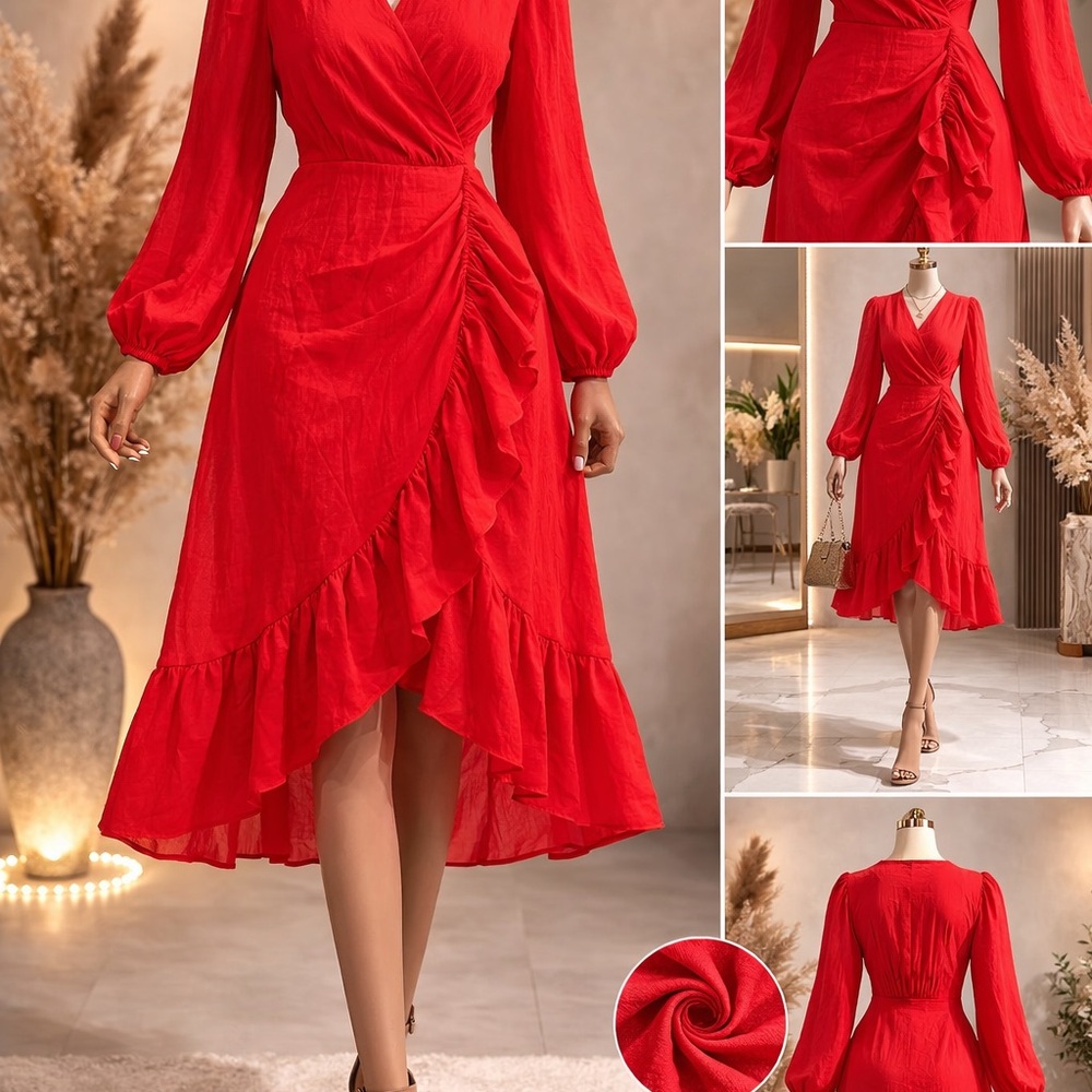 S.L. Fashions Red Ruffled High-Low Wrap Dress
